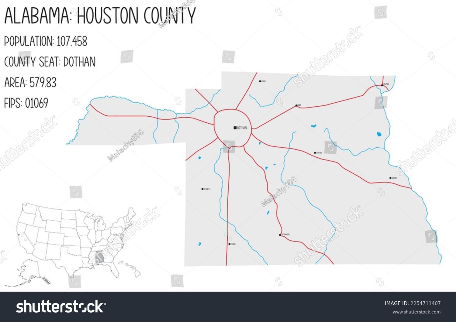 Large and detailed map of Houston county in - Royalty Free Stock Vector ...