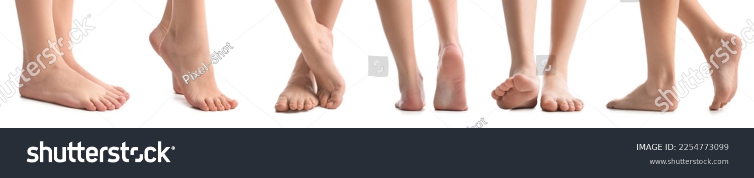 Collage of female bare feet on white background #2254773099