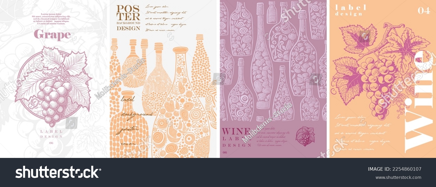 Wine. Grapes. Logo, label. Typography posters design. Simple pencil drawing. Set of flat vector illustrations. Print, banner, label, cover or t-shirt. #2254860107