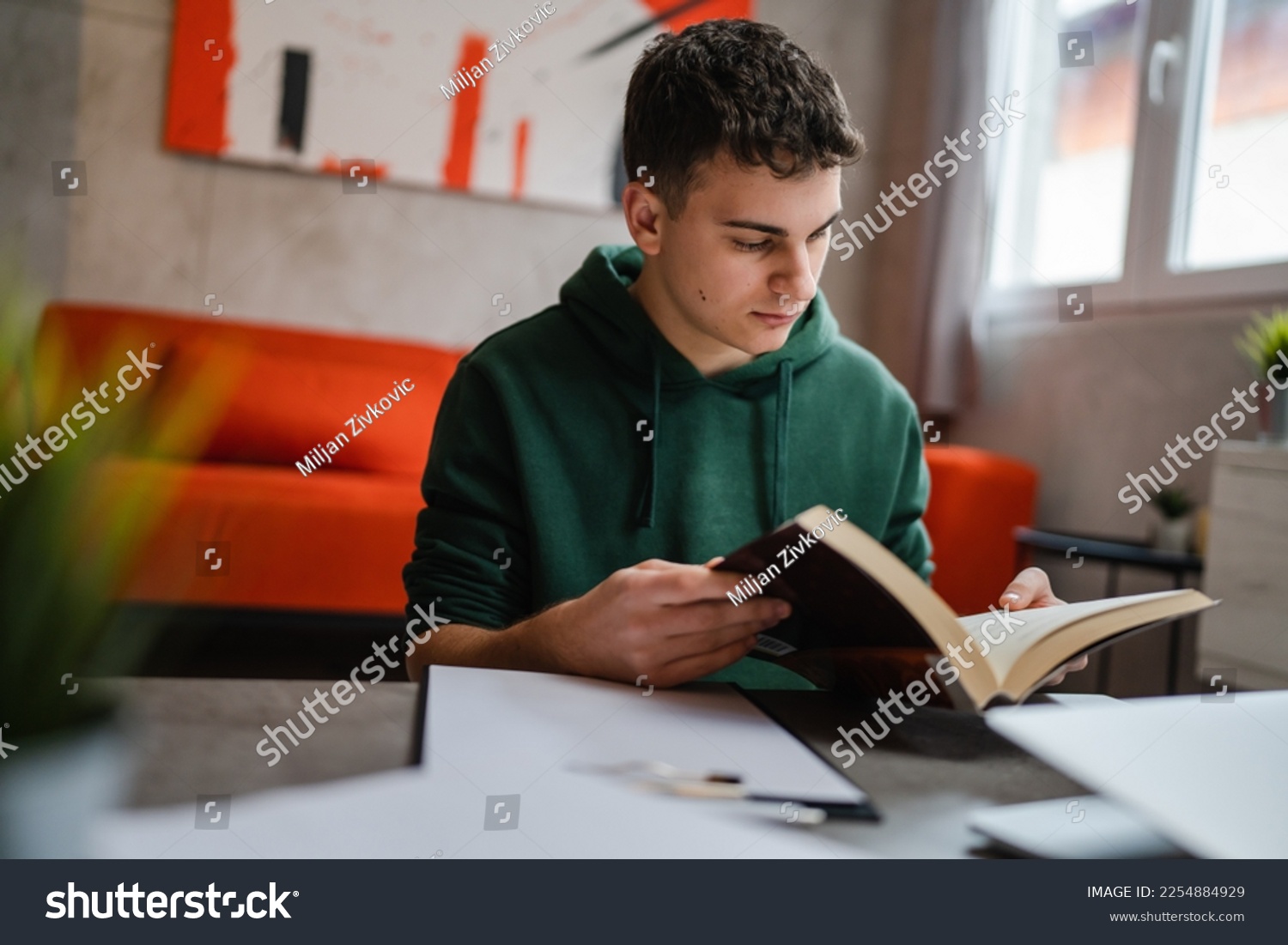 one young man caucasian teenager student learning study reading book while sitting at home prepare exam or work on project real people education concept copy space #2254884929