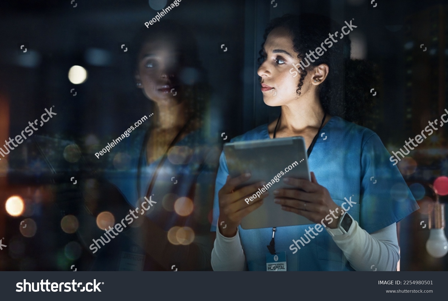 Medical, thinking and night with doctor and tablet for planning, medicine and schedule. Technology, review and digital with black woman reading report for healthcare, science and life insurance news #2254980501