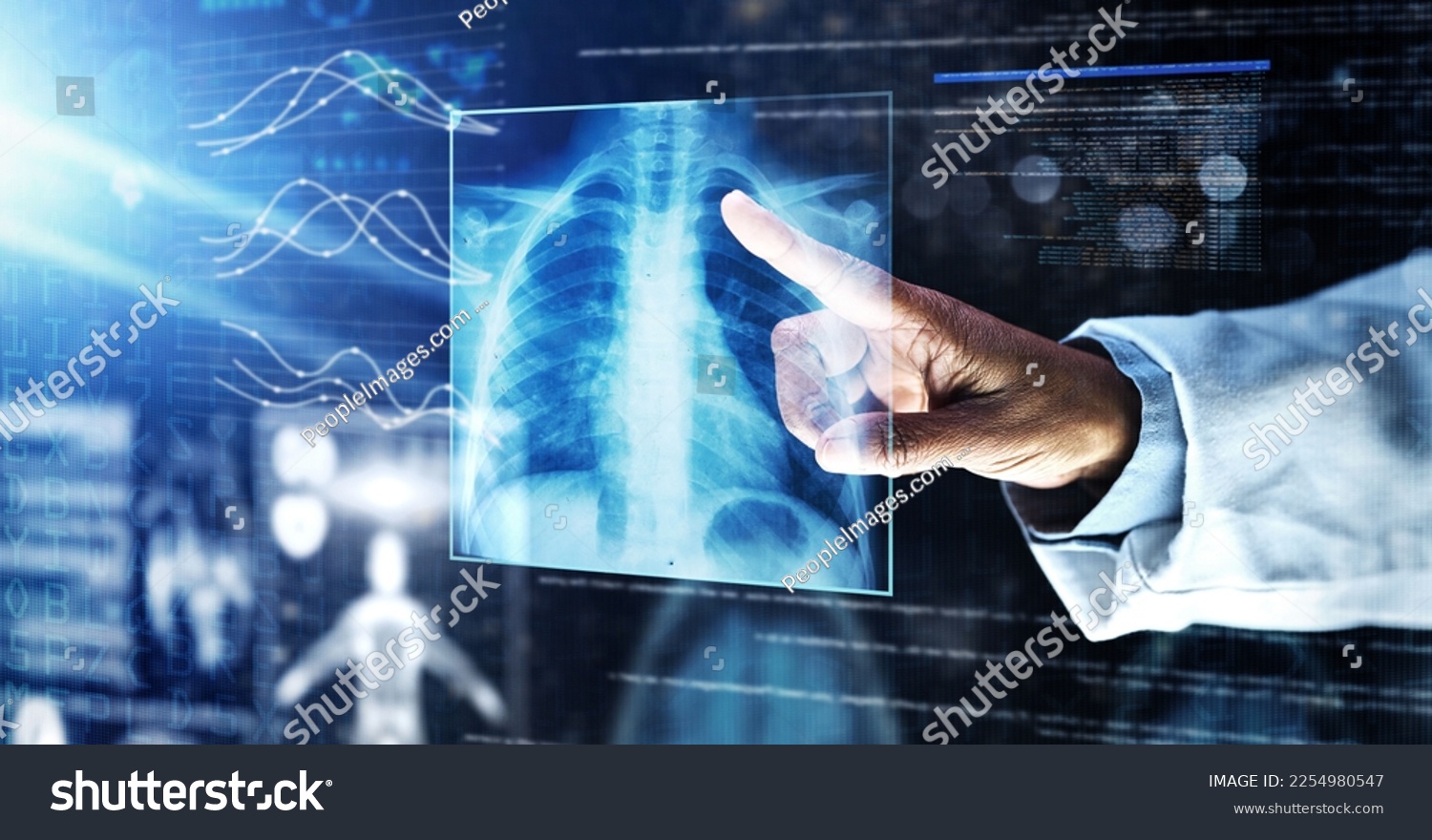 Doctor, healthcare or finger on xray hologram in tuberculosis virus, cancer analytics or asthma x ray at night. Futuristic, abstract or medical lungs scan for surgery planning or hospital woman help #2254980547