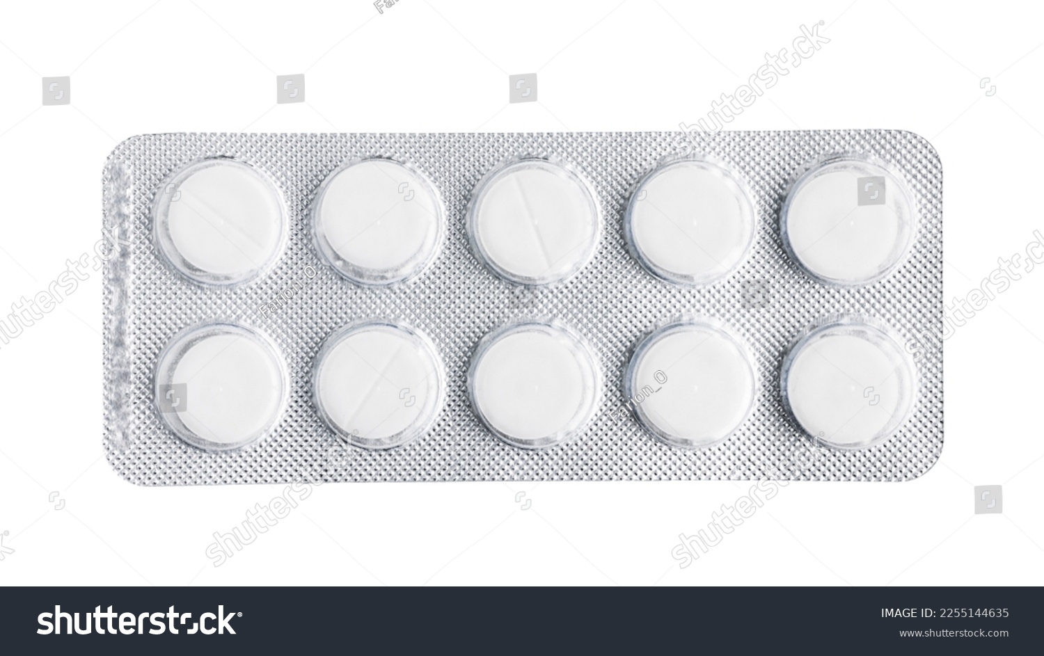 Pills, tablets in a blister pack isolated on white background, top view, healthcare and medicine concept. #2255144635