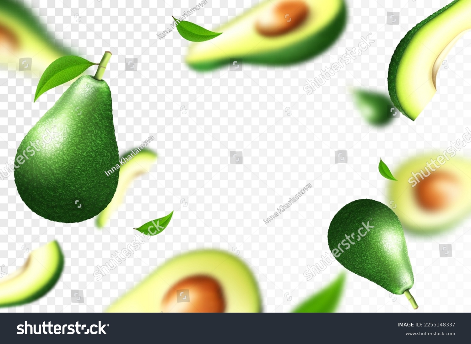 Avocado background. Flying whole, half and slices of fresh avocado. Unfocused and blurry effect. Can be used for wallpaper, banner, print, wrapping paper. Realistic 3d vector illustration. #2255148337
