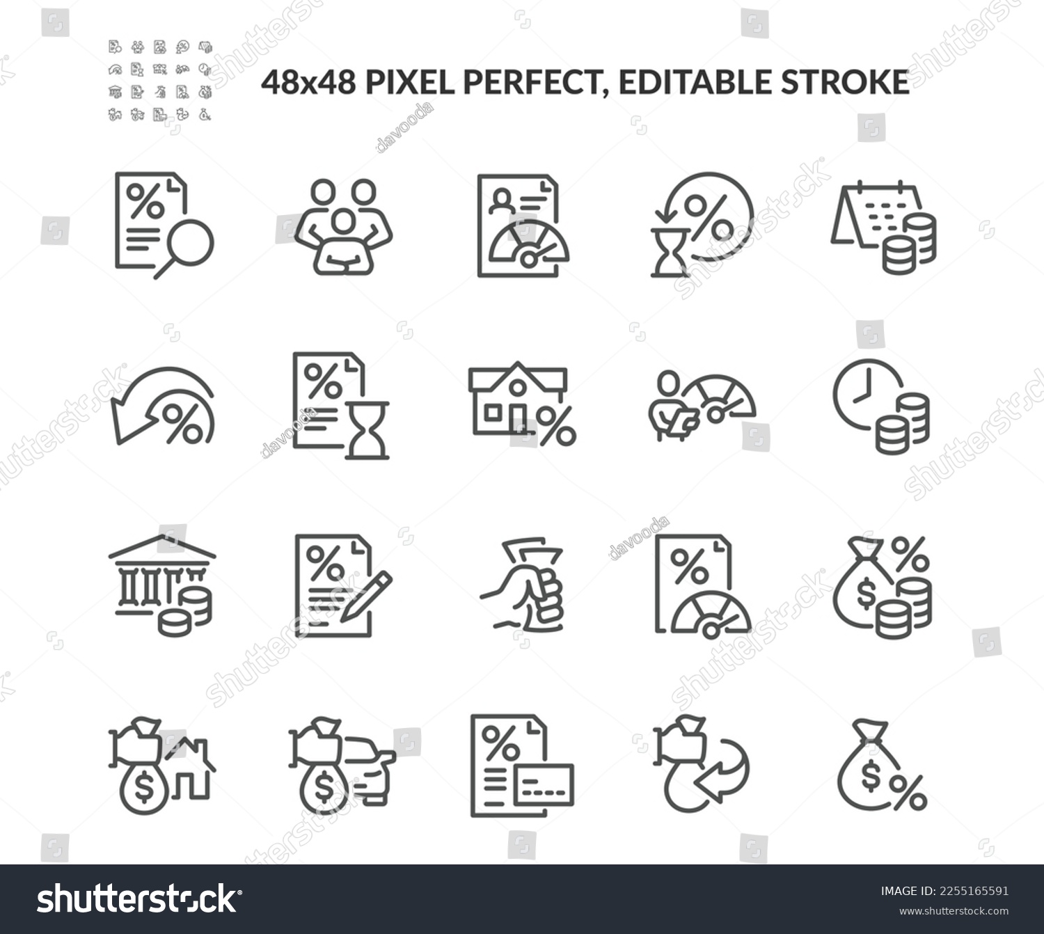 Simple Set of Credit Rating Related Vector Line Icons. Contains such Icons as Mortgage, Guarantors, Bank building and more. Editable Stroke. 48x48 Pixel Perfect.
 #2255165591