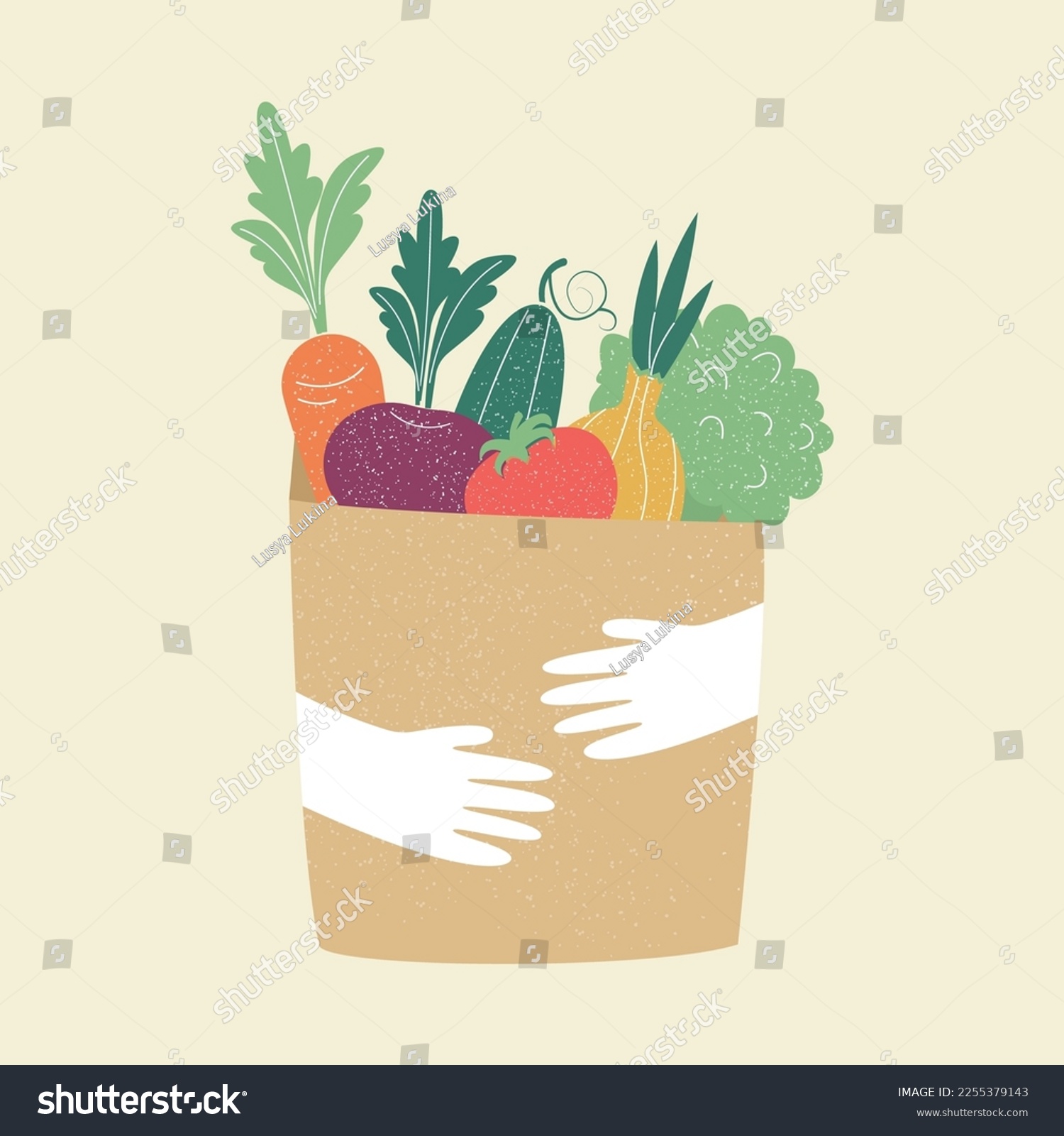 Hands holding a bio bag with products. Vector illustration #2255379143