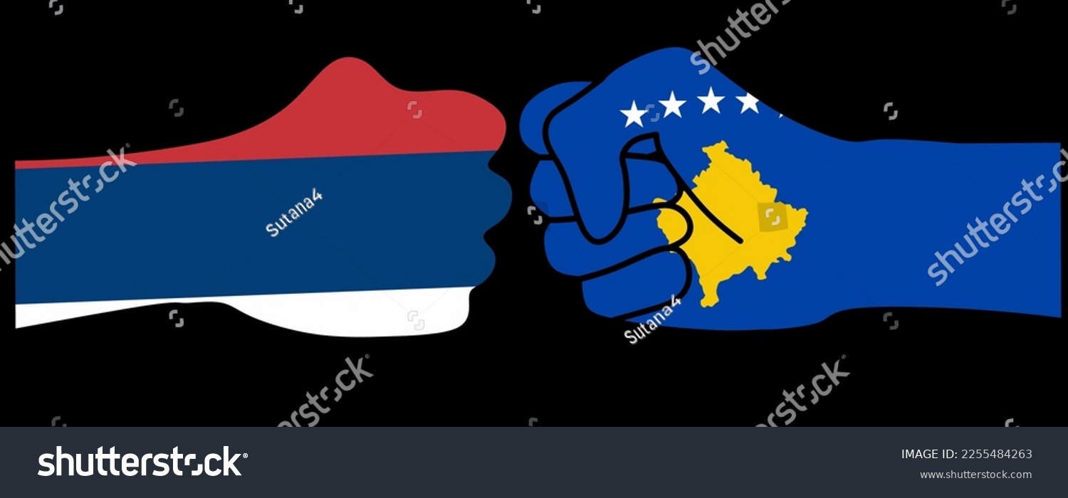 hand fist with serbia kosovo flag isolated on black background.Conflict between kosovo and serbia illustration.kosovan vs serbian #2255484263