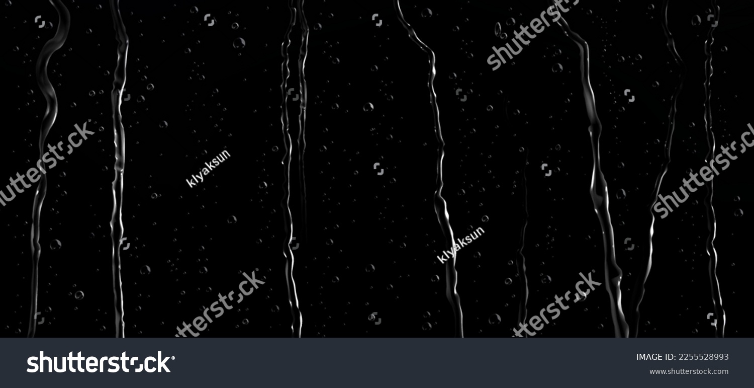 Realistic water drops and streams on black background. Vector illustration of condensation drops, rain droplets, shower flows on glass surface. Abstract wet texture. Scattered or sprayed aqua blobs #2255528993
