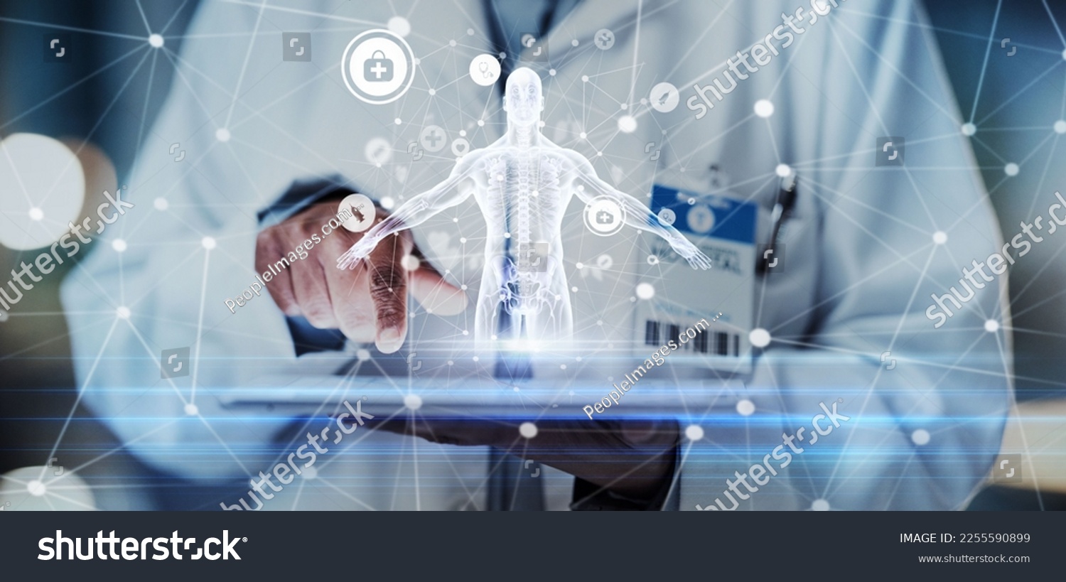 Tablet, hands or doctor with human body hologram for futuristic research, 3d ai analysis or hospital innovation. Life insurance, medical or man with virtual holographic anatomy for digital healthcare #2255590899