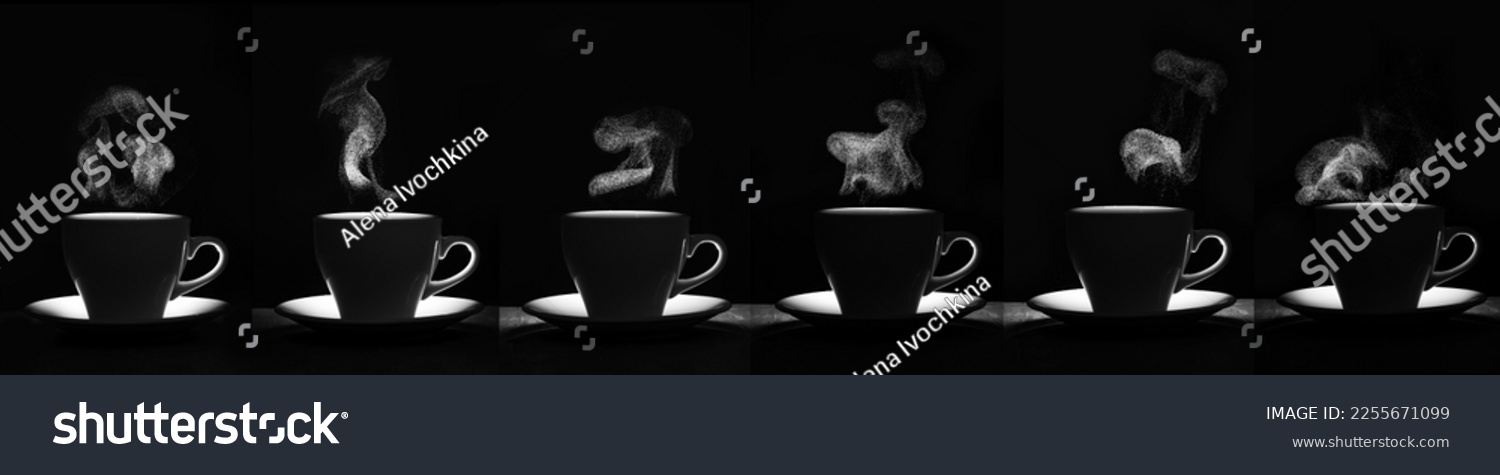 A set of white mugs with a warm drink and a curly fantasy steam rising up on a black background, creative, layout, silhouette. A steaming coffee cup and saucer. Morning coffee. #2255671099