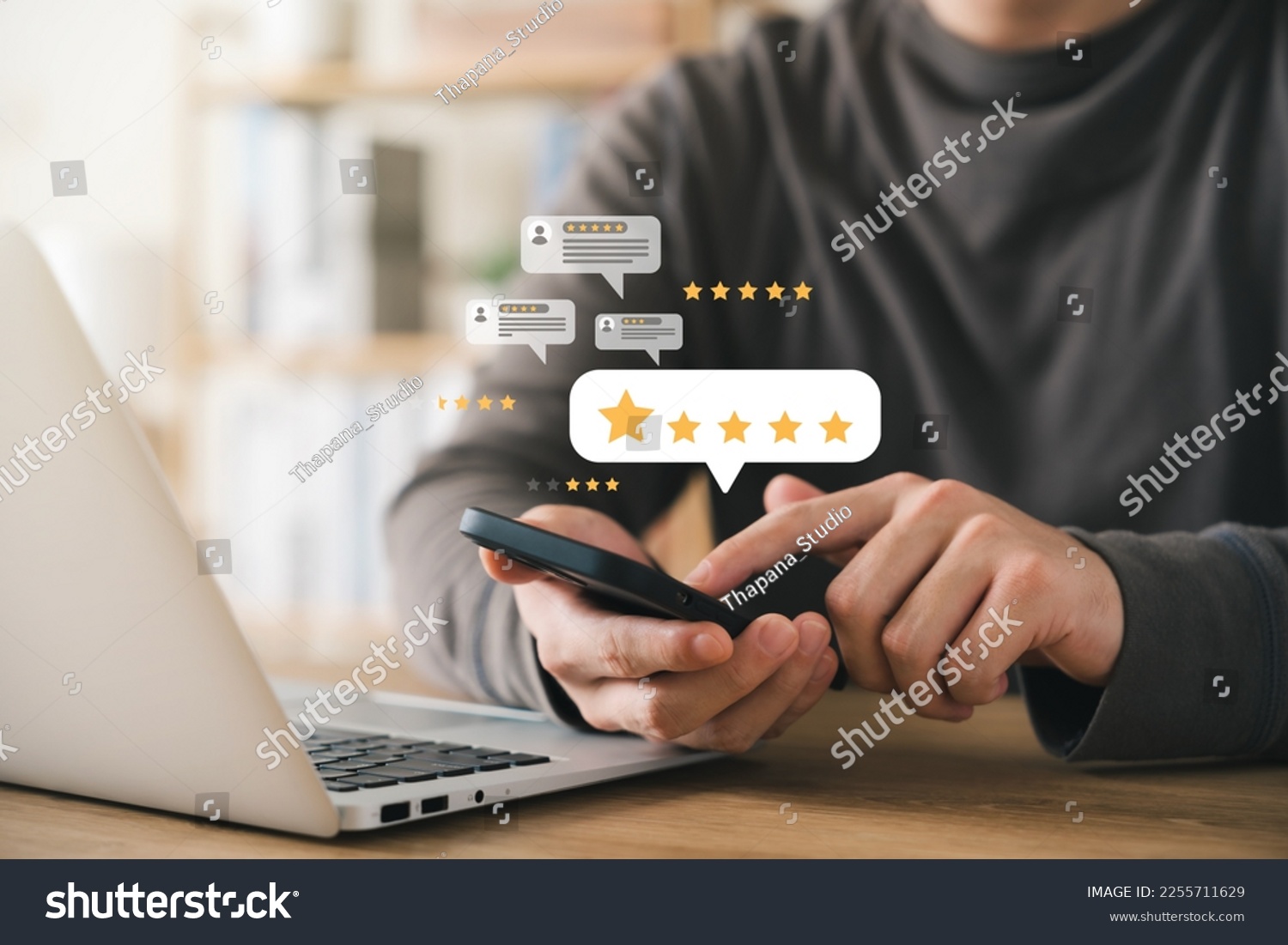 Customer Satisfaction Survey concept, 5-star satisfaction, service experience rating online application, customer evaluation product service quality, satisfaction feedback review, good quality most. #2255711629