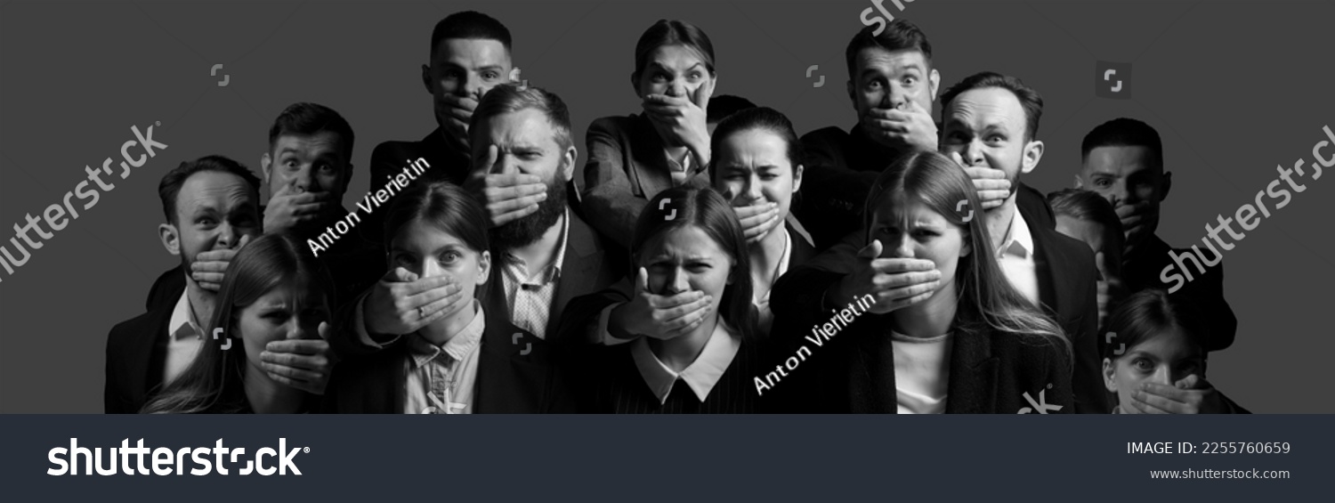 Black and white portraits of young people with hands close their mouth and do not allow to speak. Human rights, freedom speech, censorship and social issues concept. Composite image. Banner #2255760659