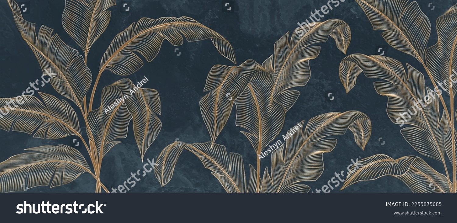 Abstract luxury art background with tropical palm leaves in blue and green colors with golden art line style. Botanical banner with exotic plants for wallpaper design, decor, print, textile #2255875085