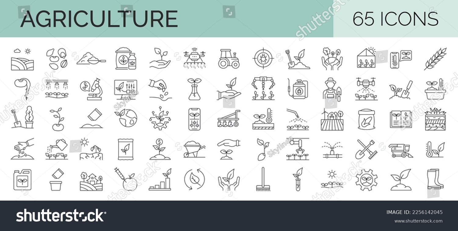 
Farming and agriculture outline symbol collection. 65 editable stroke icons. Vector illustrator #2256142045