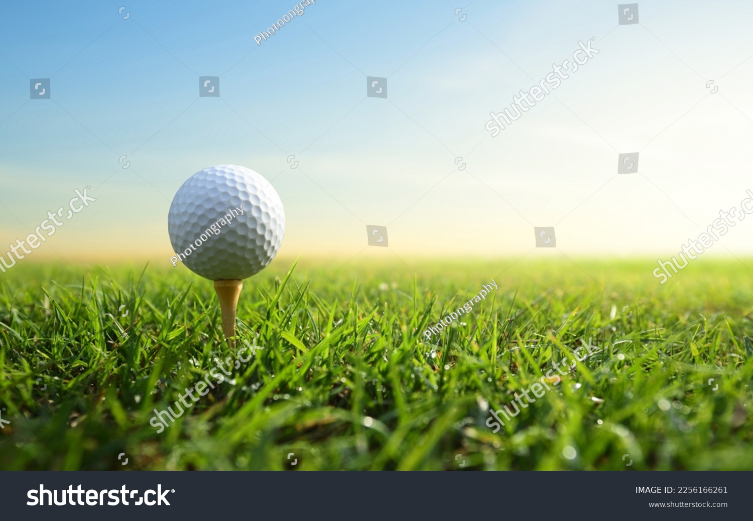 Golf ball on tee with sunrise  background. #2256166261