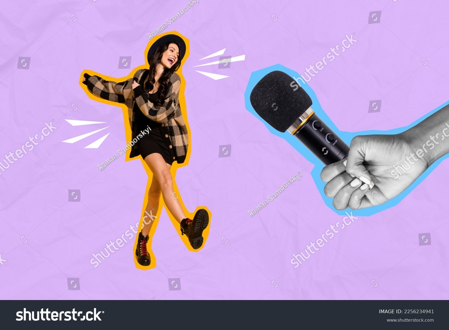 Photo 3d collage poster postcard picture magazine of happy girl have fun singing song big mic arm isolated on painted background #2256234941