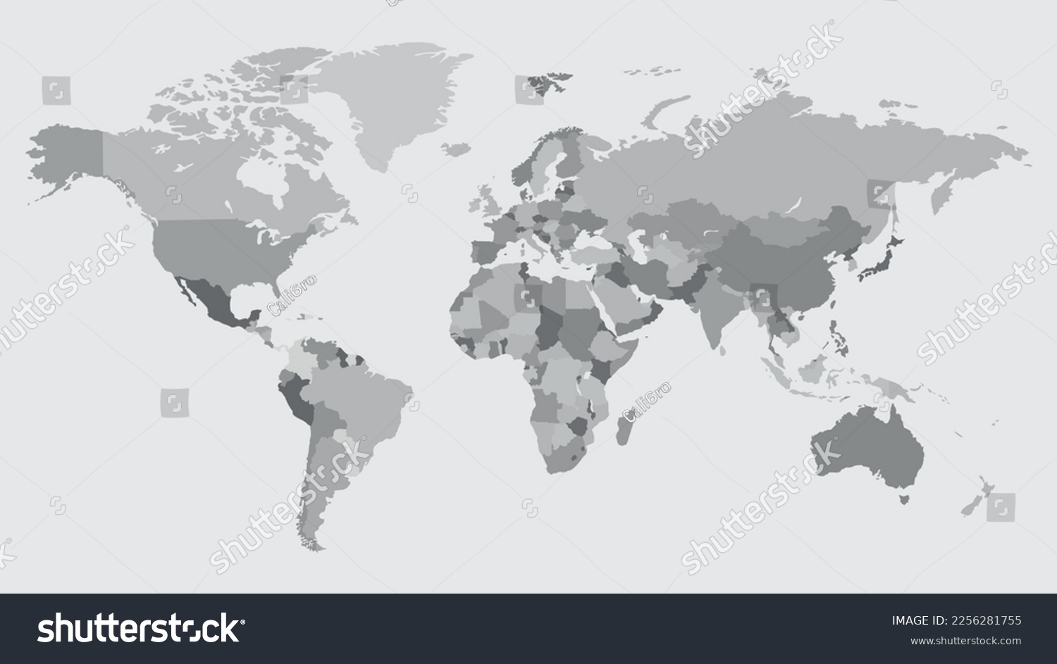 Highly detailed world map with labeling. Grayscale vector illustration 10 eps. #2256281755