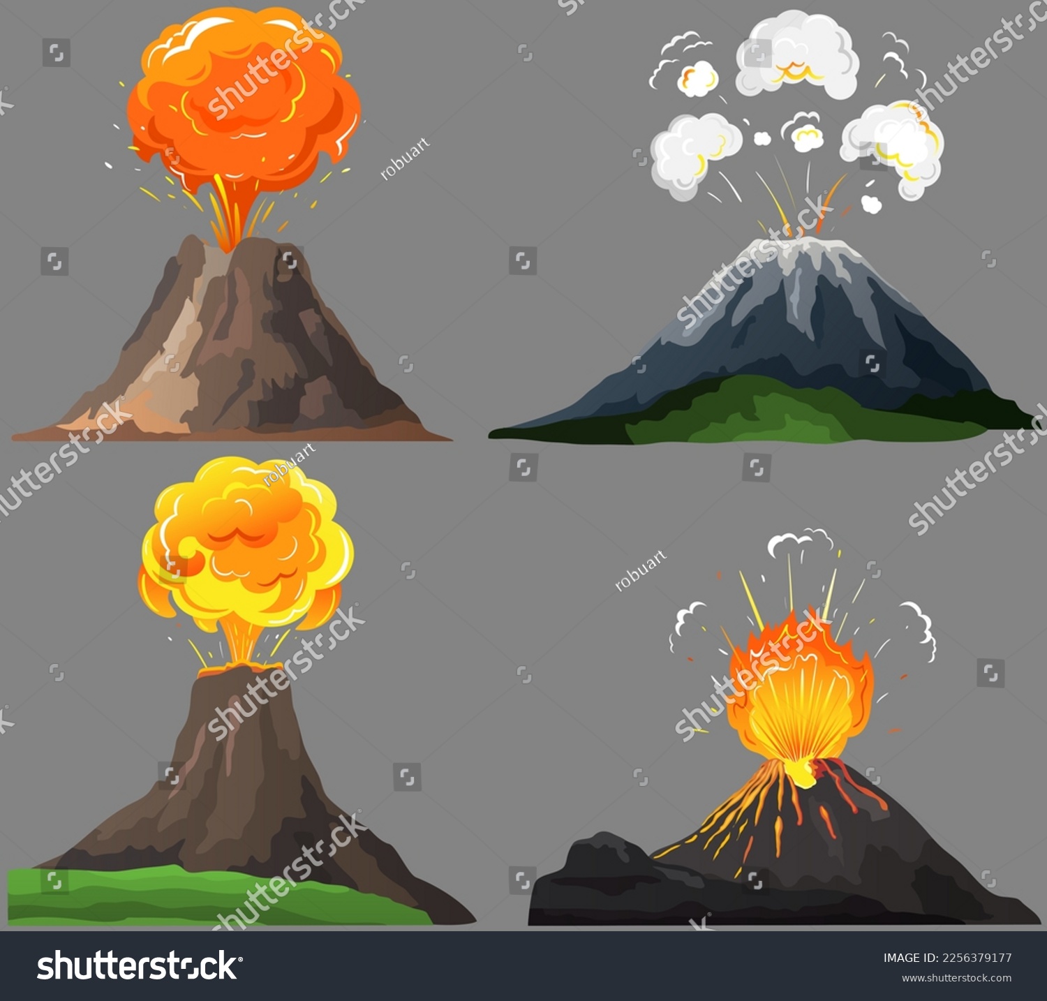 Volcanic eruption stages set. Steaming volcano, - Royalty Free Stock ...