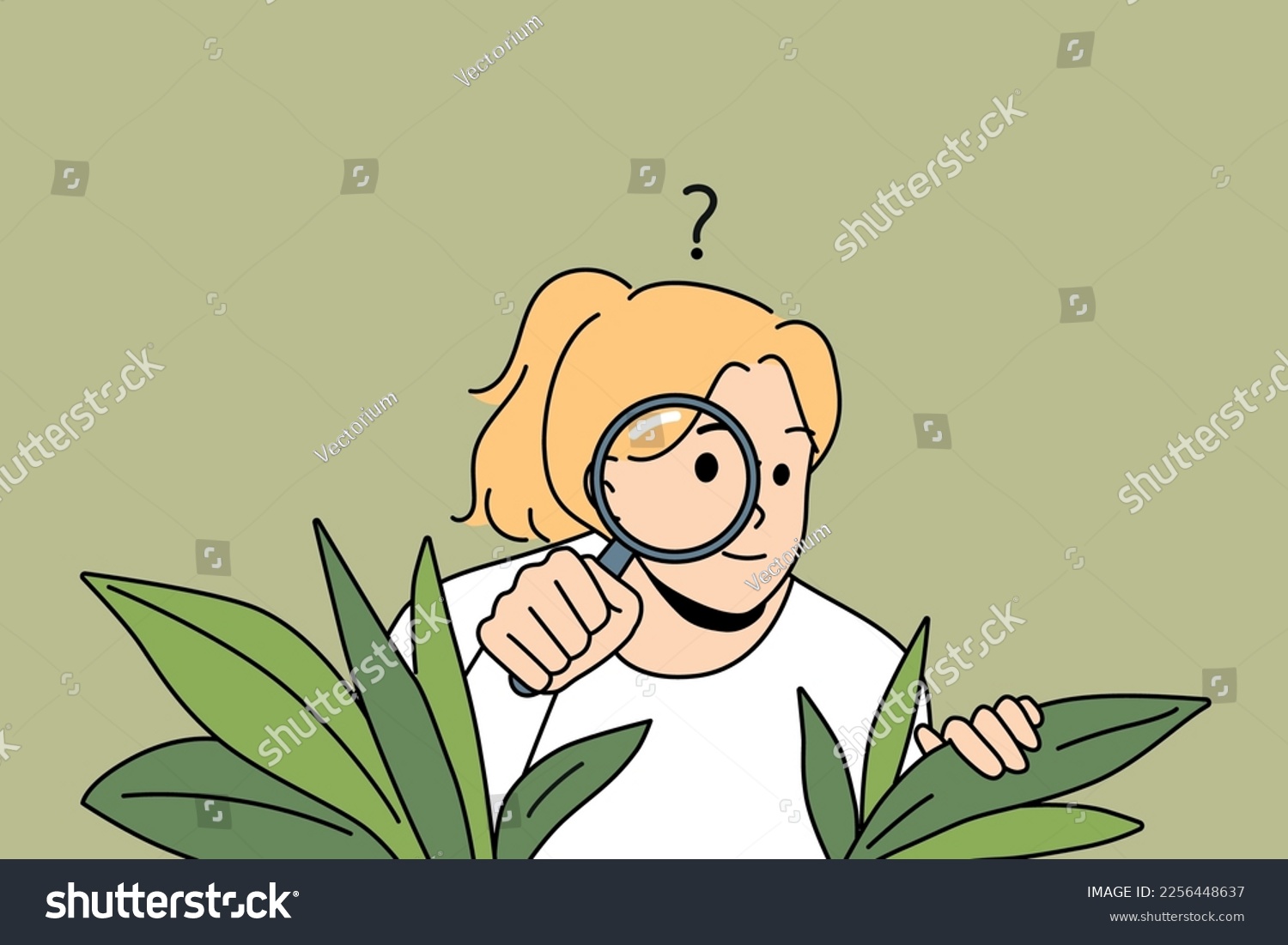 Curious young woman with magnifying glass hide in bushes spy after people or neighbors. Suspicious girl feel confused and doubtful look with magnifier. Vector illustration.  #2256448637