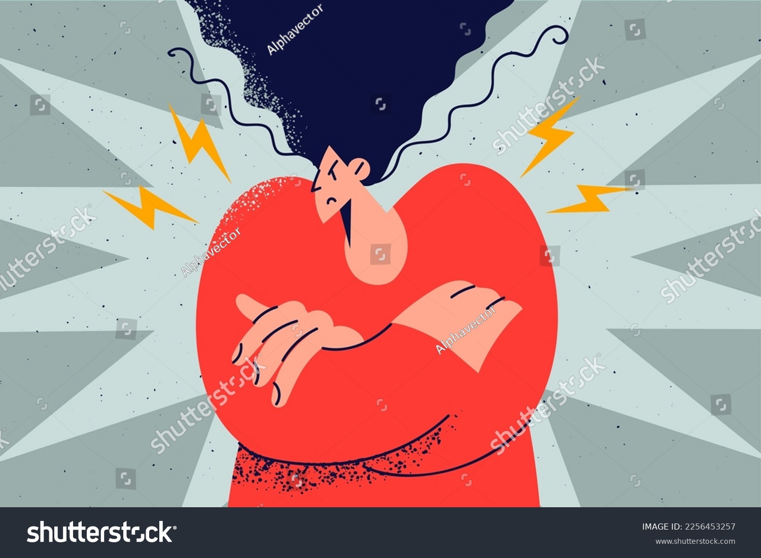 Angry woman feel furious and emotional. Girl showing fury and anger. Mad female with arms crossed. Vector illustration.  #2256453257