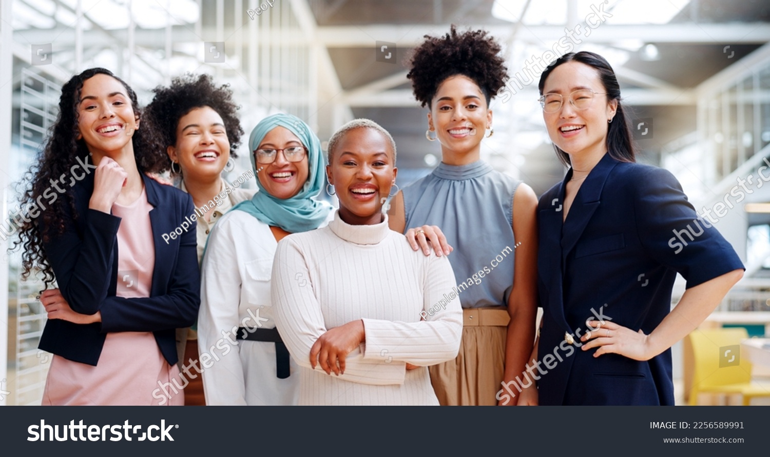 Women, diversity and empowerment, portrait of team in HR department at creative marketing startup company. Teamwork, power and confident group of happy women with smile and leadership human resources #2256589991