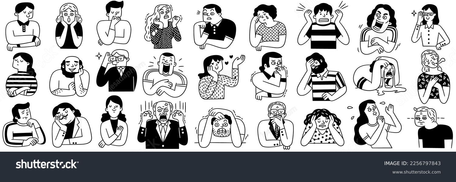 Big collection of various people's facial emotion expression, happy, sad, shocked, scared, angry, laughing, crying, etc. Outline, hand drawn sketch, black and white ink style.  #2256797843