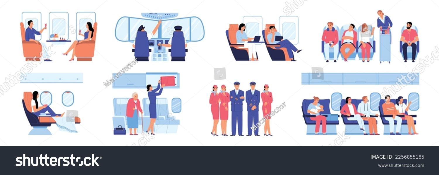 Airplane interior flat icons set with cabin crew and passengers isolated vector illustration #2256855185