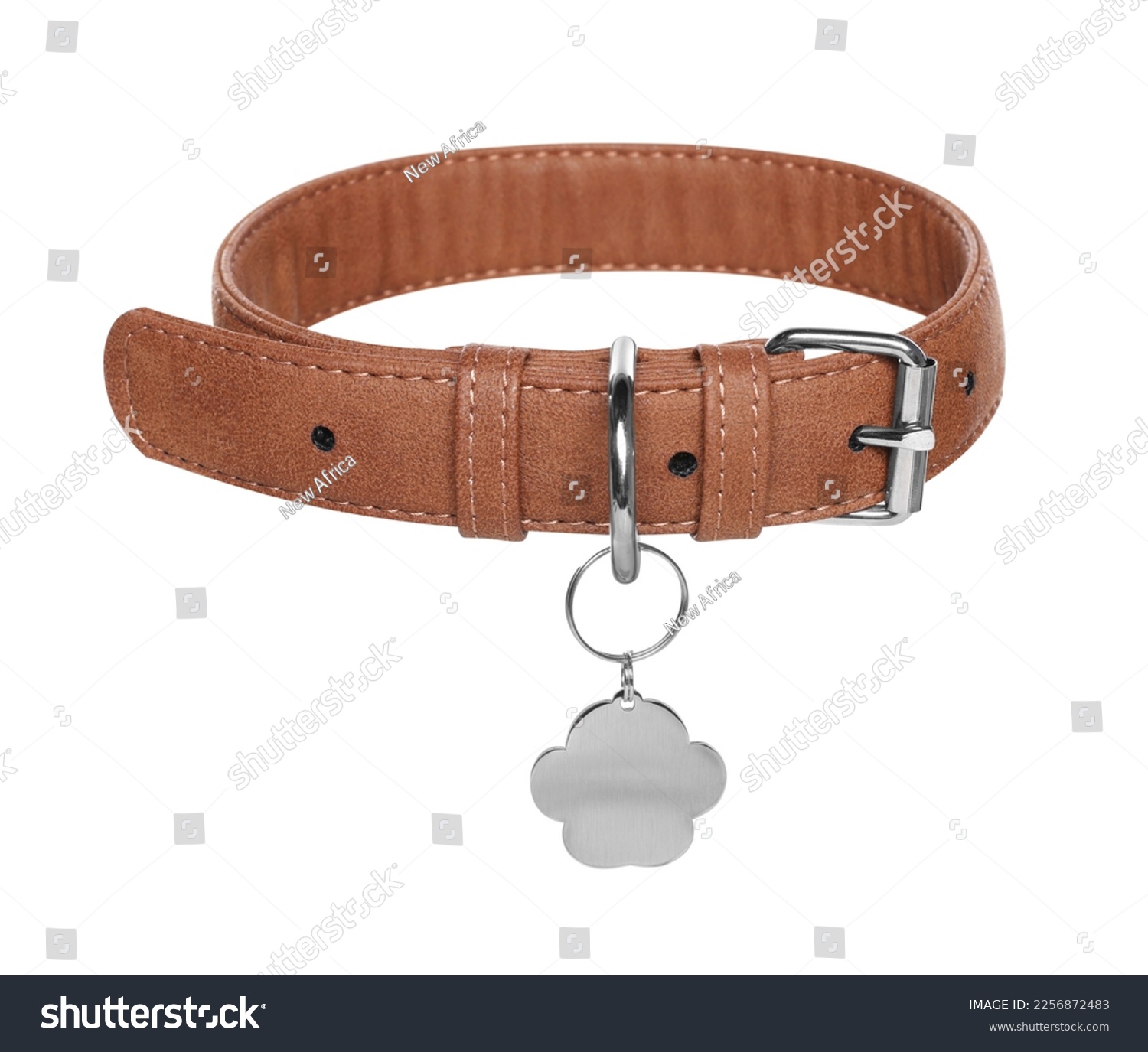 Brown leather dog collar with tag isolated on white #2256872483