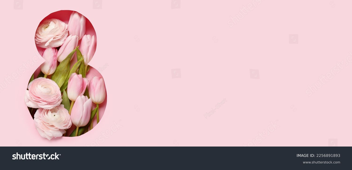 Spring flowers visible through cut pink paper in shape of figure 8. Banner for Women's Day  #2256891893