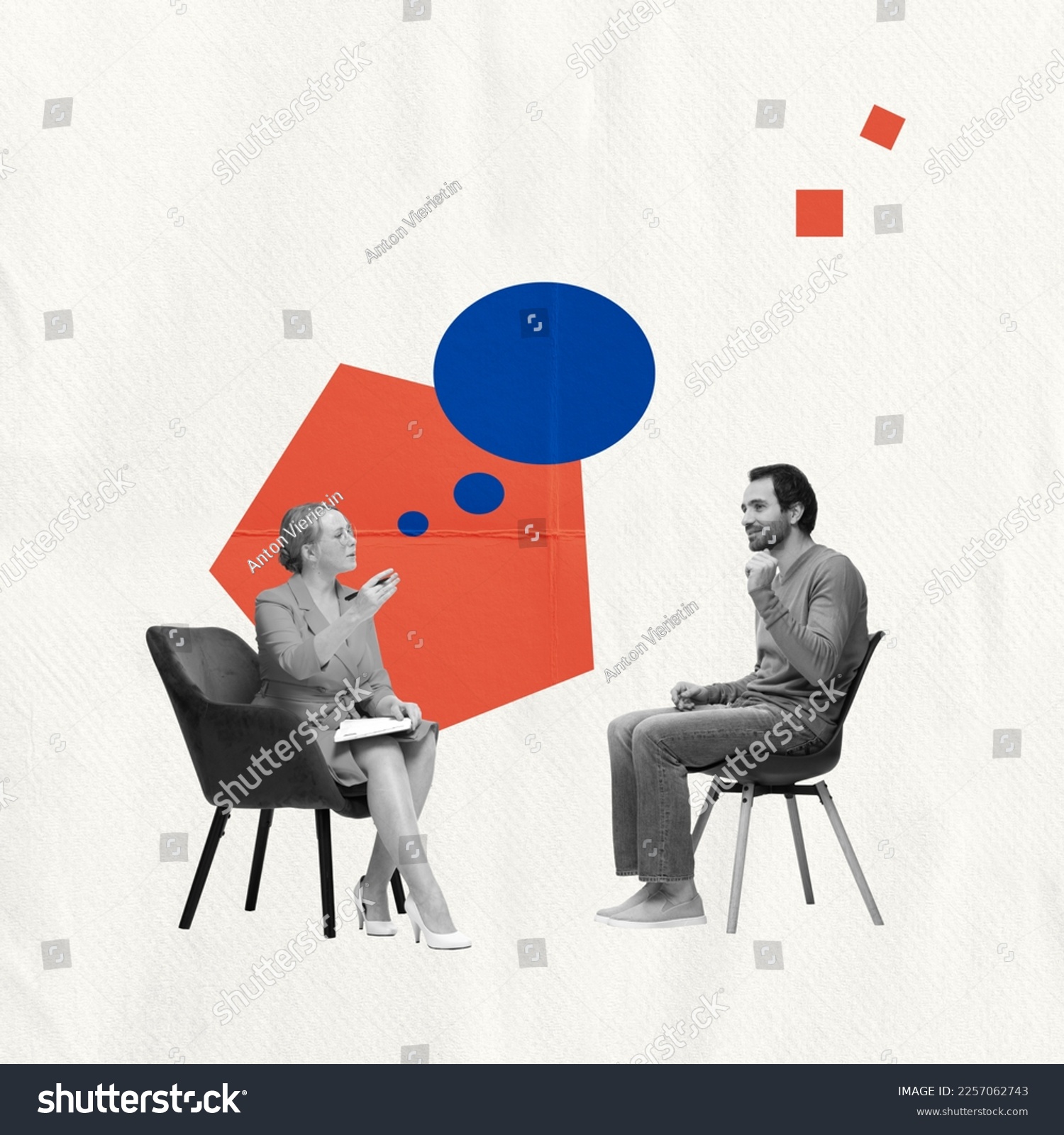 Support, care. Contemporary art collage about young man meeting with professional psychologist. Concept of modern millennial lifestyle, mental health, psychological help #2257062743