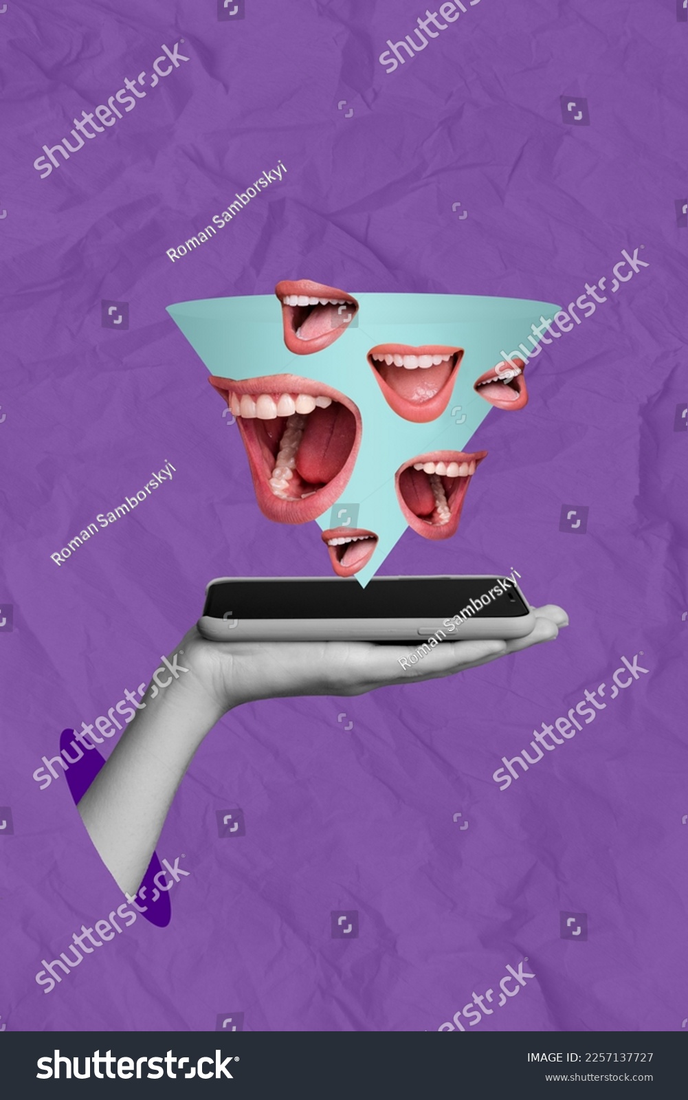 Creative photo 3d collage artwork postcard poster picture of arm hold telephone receive sms from followers isolated on painting background #2257137727