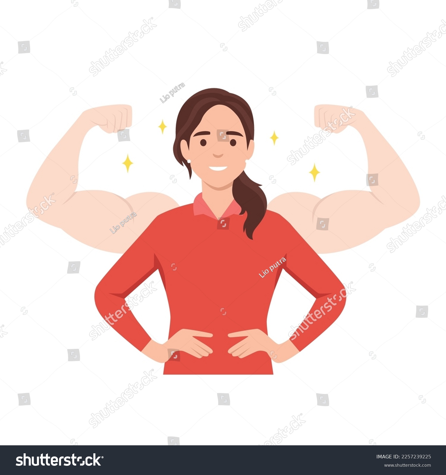 Young woman power, female self confidence, high esteem concept. Brave confident smiling woman standing showing biceps shadows facing fears like powerful hero. Flat vector illustration isolated #2257239225
