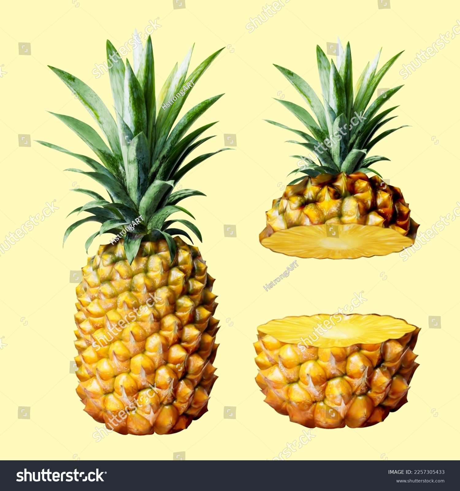 3D illustration of whole pineapple and pineapple cut in half elements isolated on light yellow background #2257305433