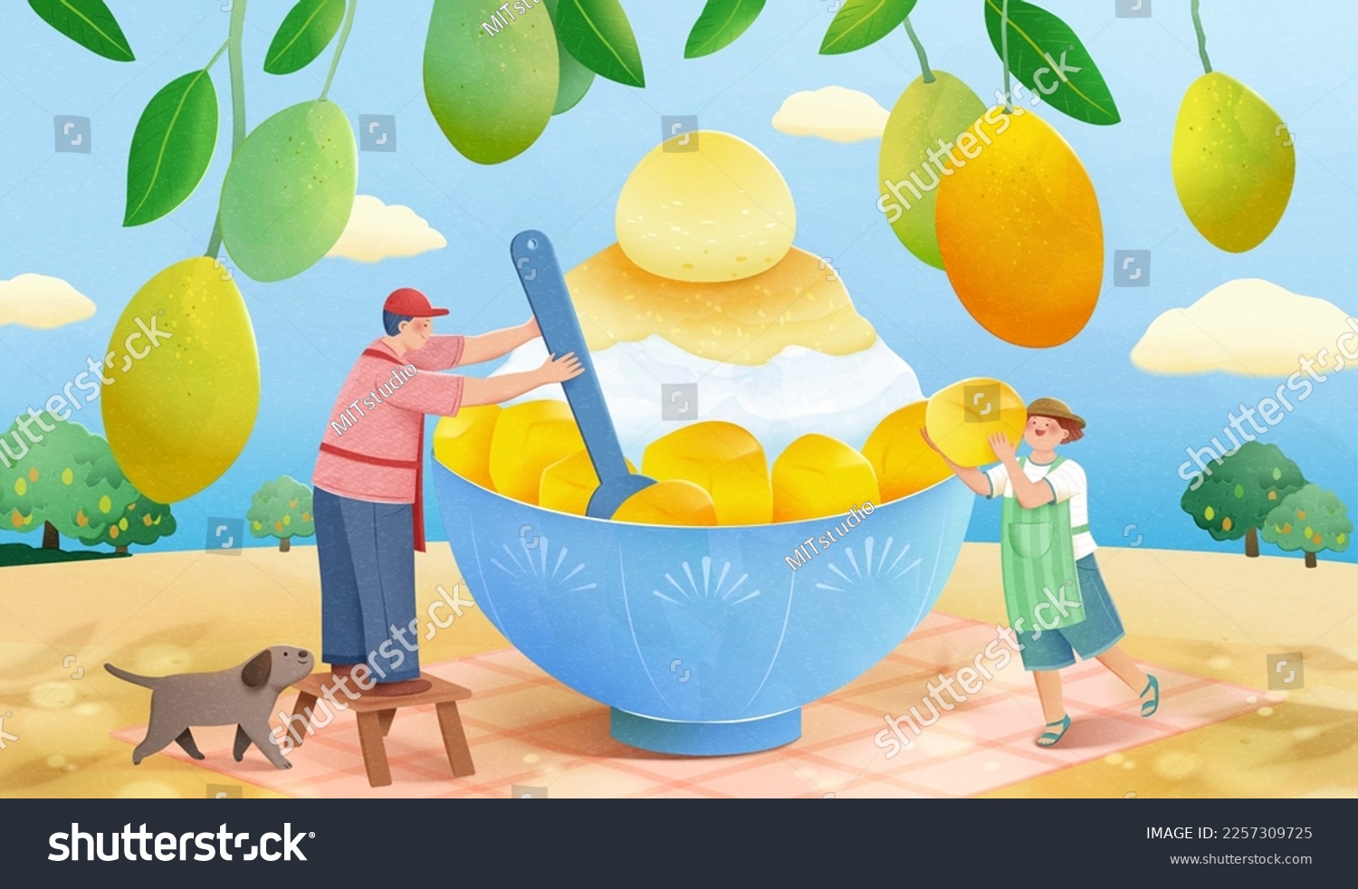 Illustration of miniature people scooping mango - Royalty Free Stock ...