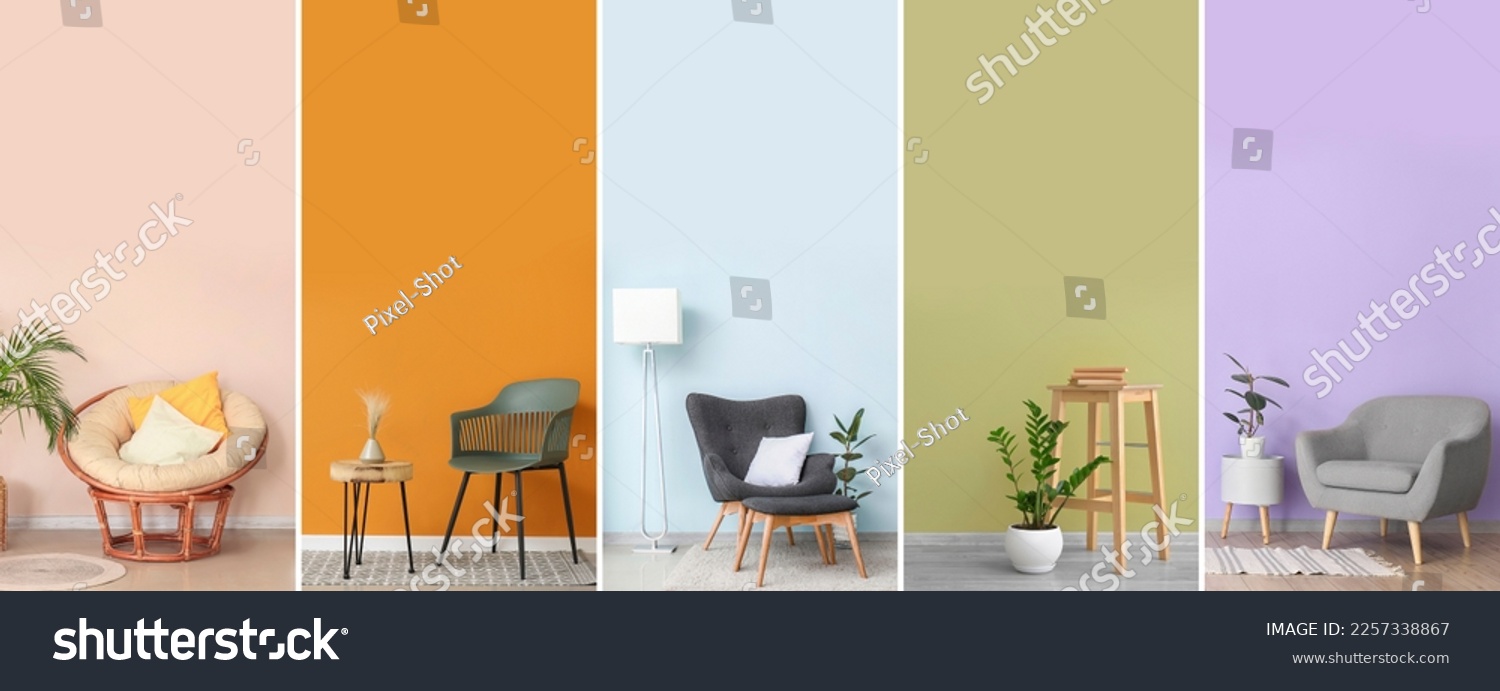 Set of minimalist interiors with trendy furniture and decor near color walls #2257338867