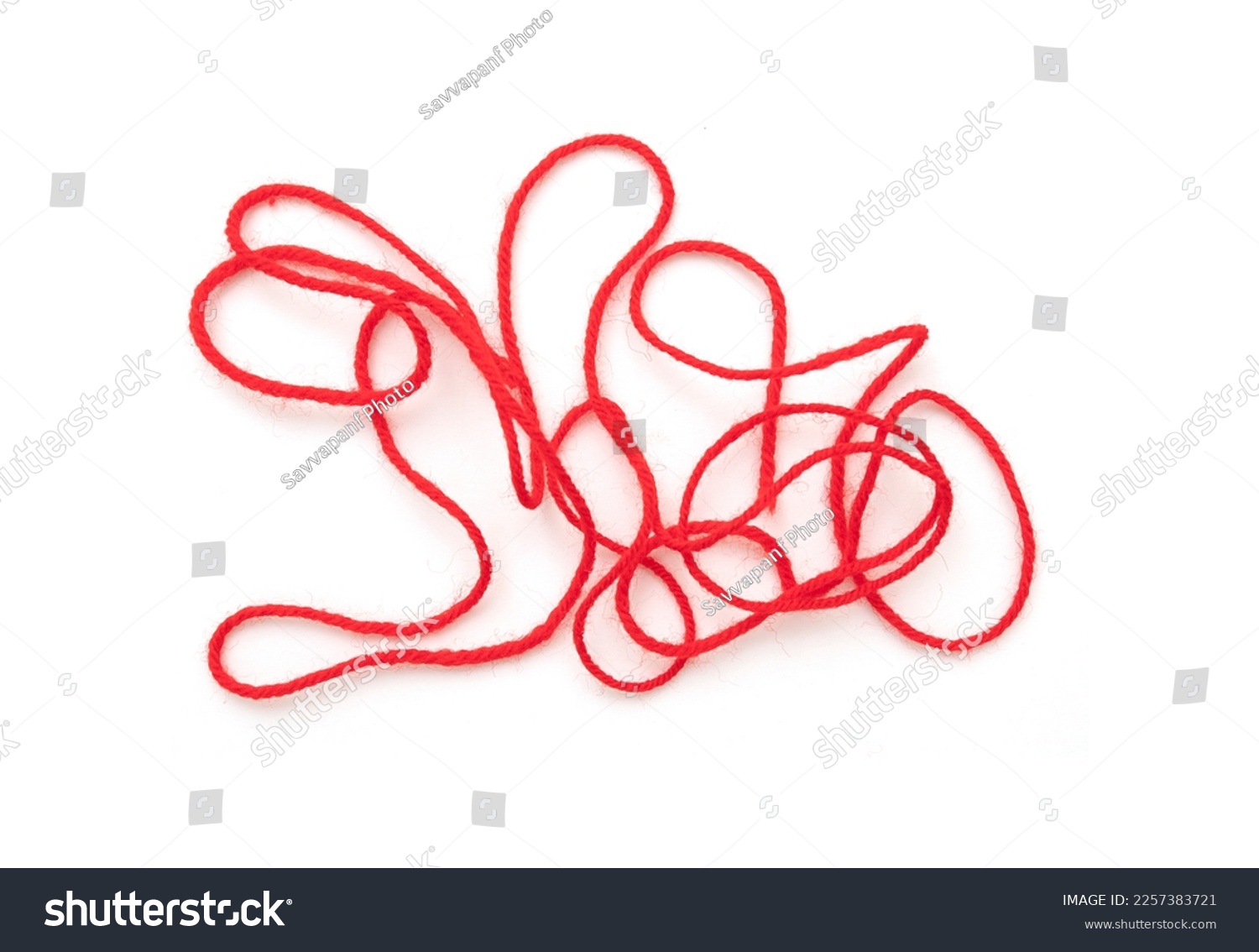 Long bound thin red rope, string isolated on white, top view #2257383721