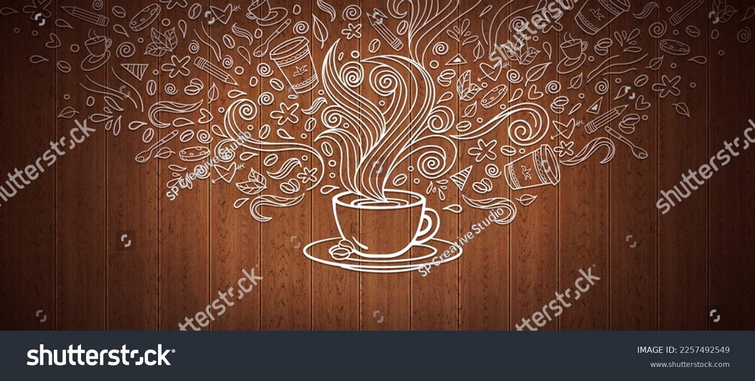 Coffee doodle illustration in wooden background. Coffee shop Signboard Template with Cup concept art. Cafe wall art illustration in dark wooden background. #2257492549
