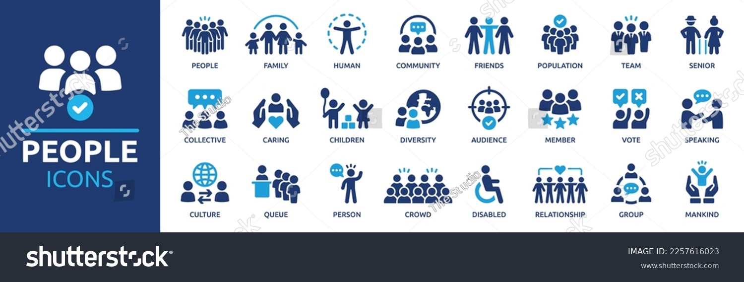 People icon set. Containing group, family, human, team, community, friends, population and senior icons. Solid icon collection. #2257616023