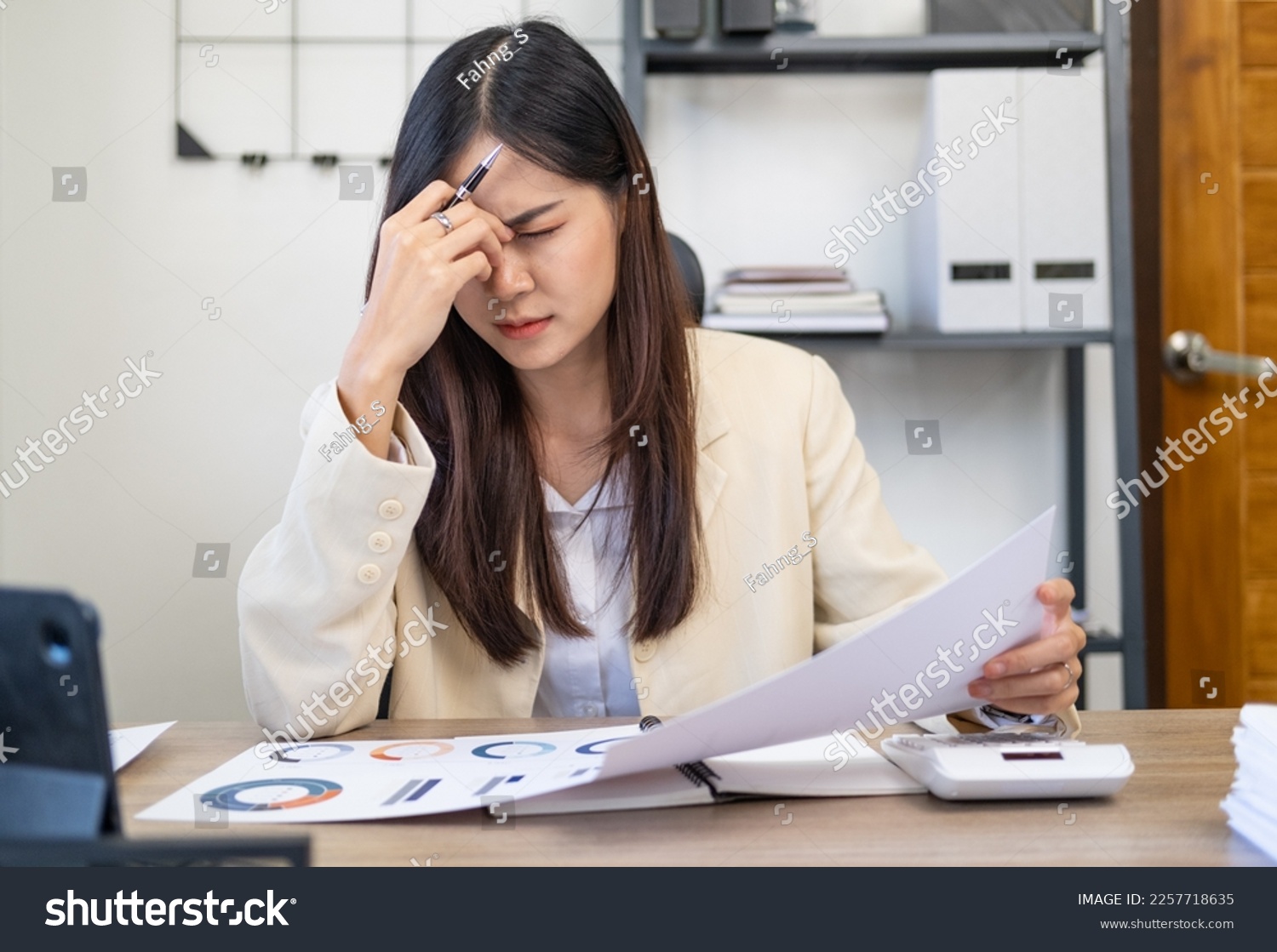 Tired teen girl rubbing dry irritable eyes feel eye strain tension migraine after computer work, exhausted young Asian woman student relieving headache pain, bad weak blurry vision, eyesight problem #2257718635