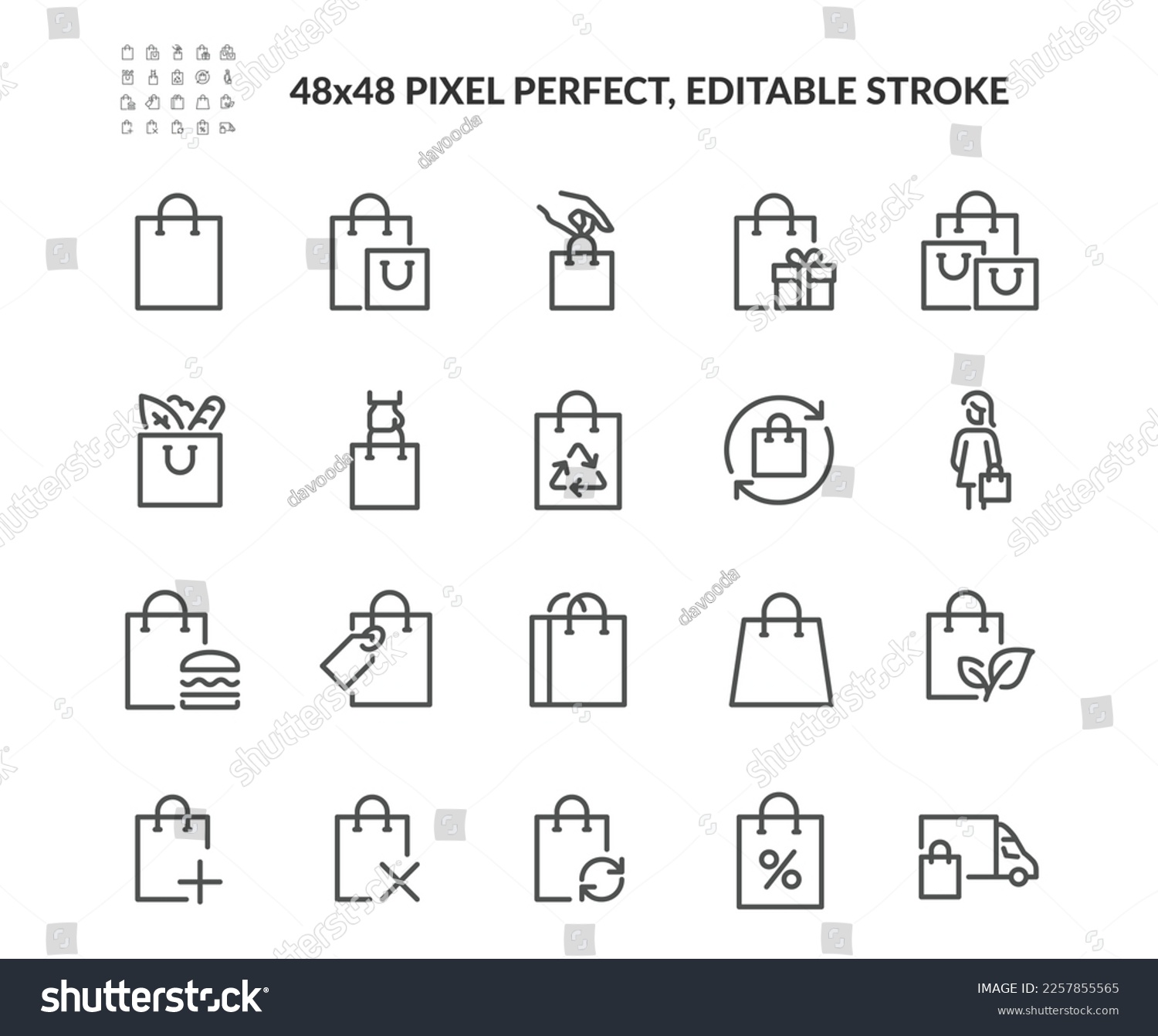 Simple Set of Shopping Bag Related Vector Line Icons. 
Contains such Icons as Groceries, Present, Food Delivery and more. Editable Stroke. 48x48 Pixel Perfect. #2257855565