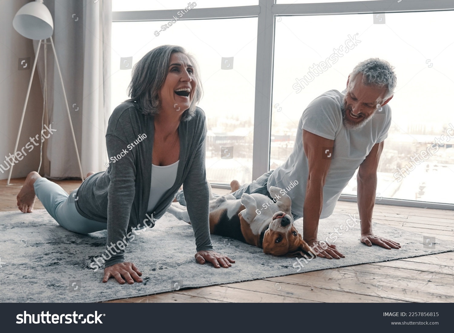 Happy senior couple practicing yoga with their dog at home together #2257856815