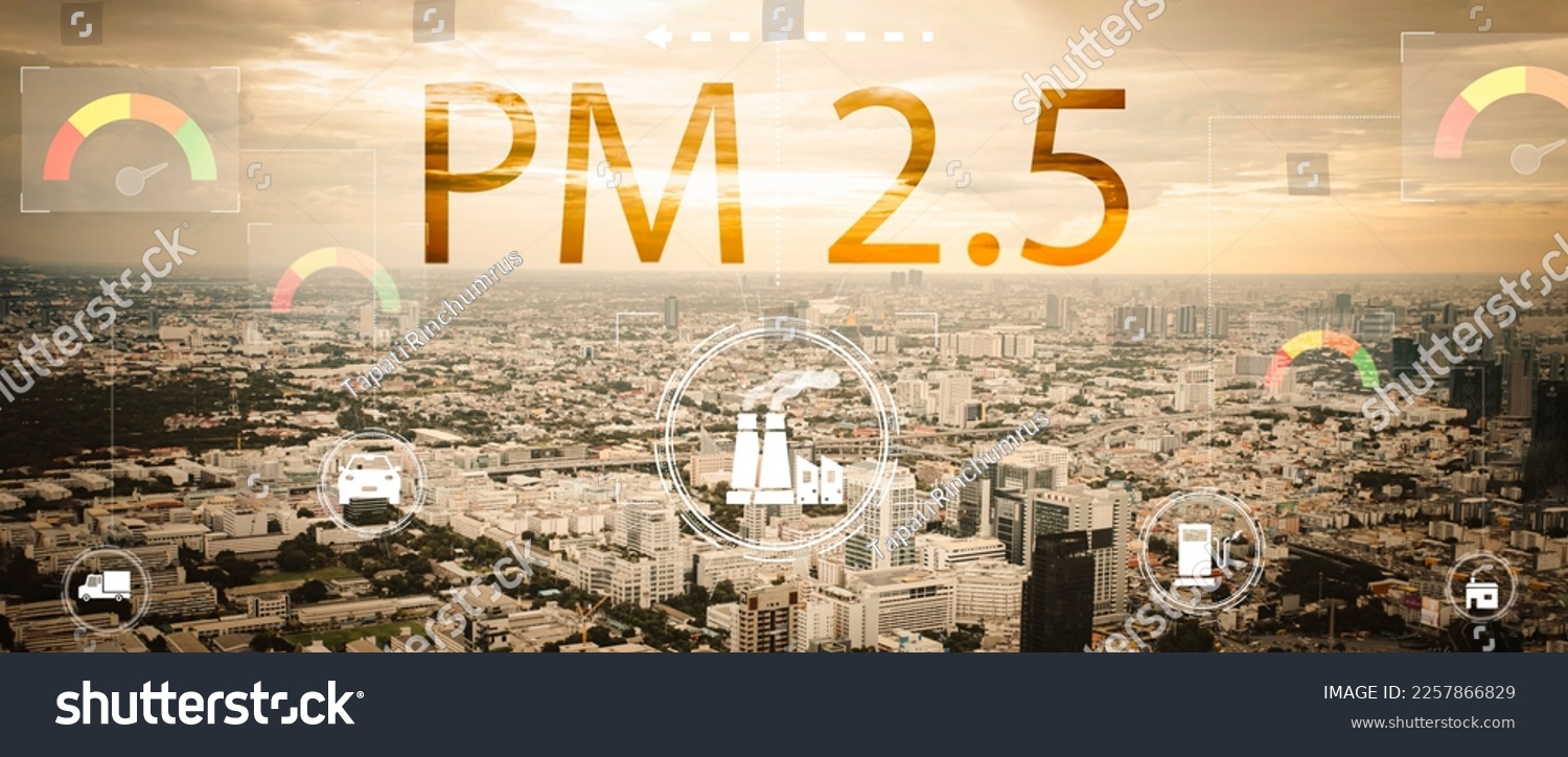 City view and sky show smog air pollution Smog city from PM 2.5 dust, Cityscape of buildings with bad weather and yellow smoke. PM 2.5 and air pollution ,Combustion from smoke and car exhaust pipes #2257866829