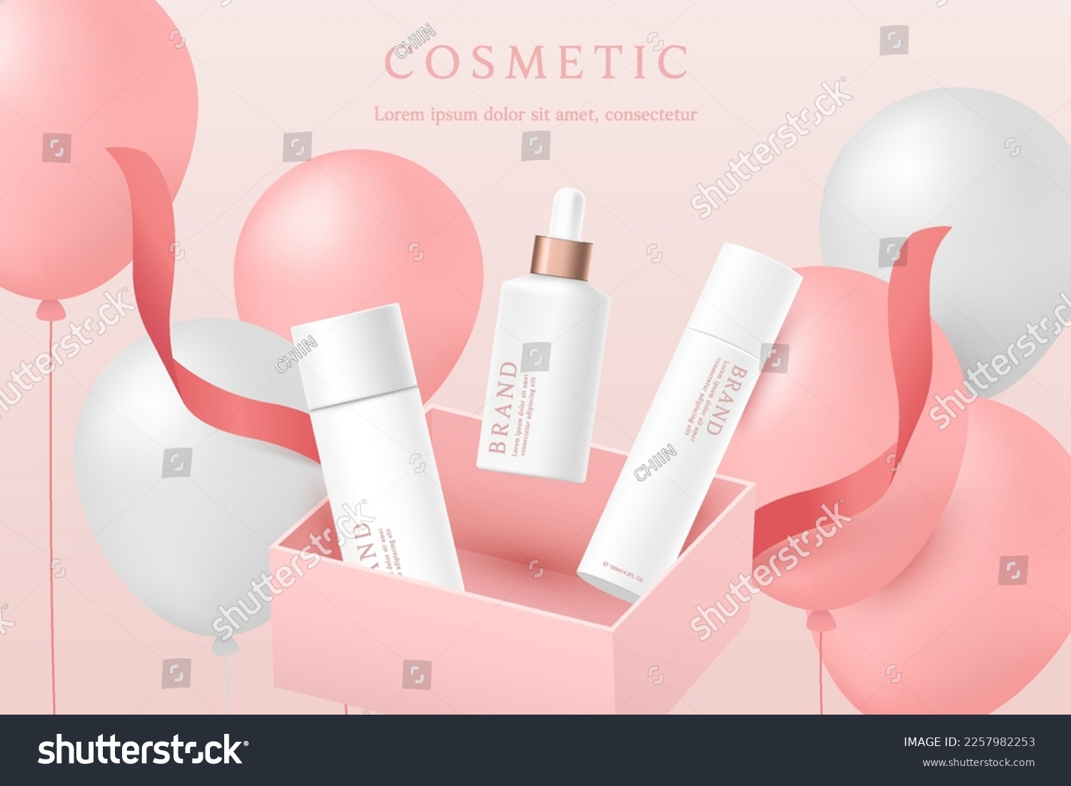 Cosmetics and skin care product ads template in pink gift gift box with ribbon and balloons. #2257982253