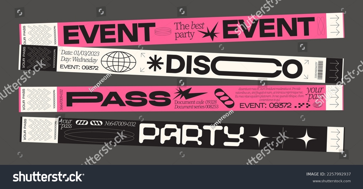 Control ticket bracelets for events, disco, festival, fan zone, party, staff. Vector mockup of a festival bracelet in a futuristic style #2257992937