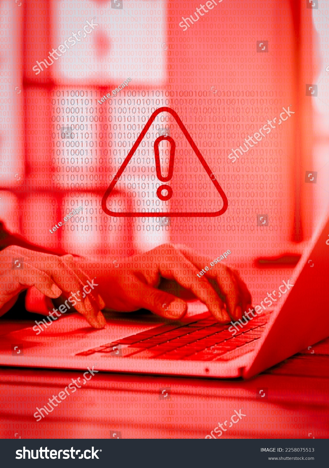 Virus alert. Red triangle, System hacked error sign, malware, attention danger symbol warning showing on binary code while business person working with laptop computer, red tone, vertical style. #2258075513
