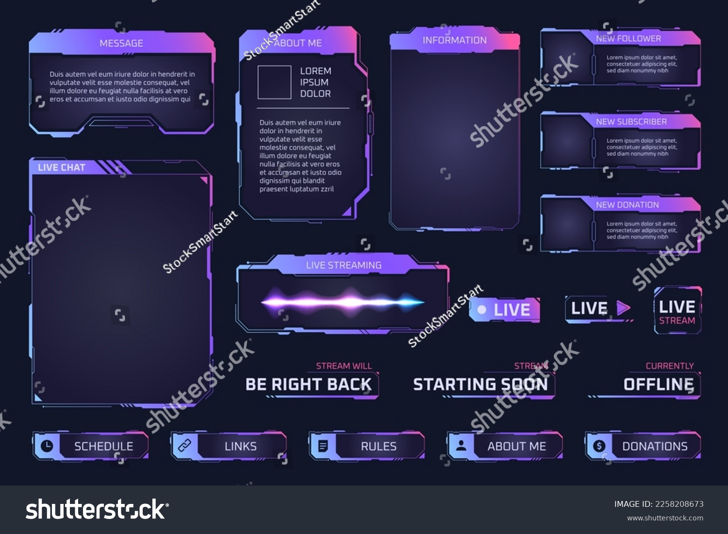 Game stream panels. Twitch streaming overlay frames for gamers leaderboard, hud glowing digital screen template gui online interface futuristic cyber buttons ui vector illustration of game live frame #2258208673