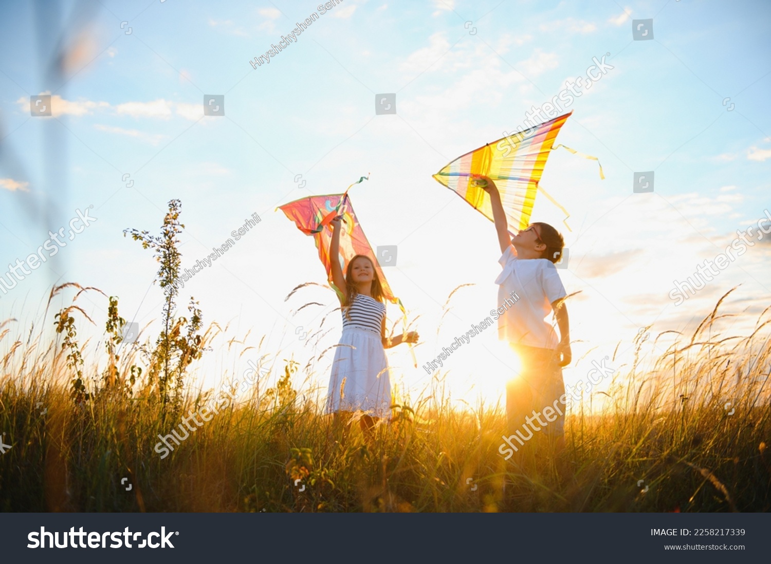 Happy boy and girl playing with kites in field at sunset. Happy childhood concept #2258217339
