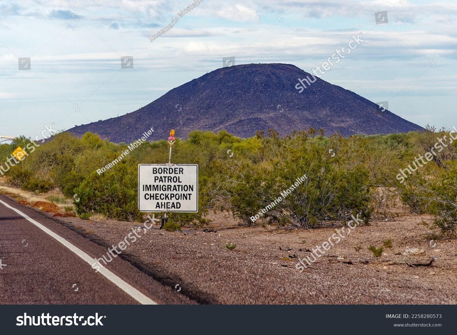 border patrol immigration checkpoint ahead sign in the Arizona desert near the Mexico border #2258280573