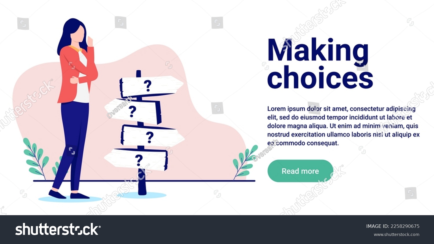 Making choices - Woman trying to make decision in front of crossroad sign. Uncertainty and doubt concept, in flat design vector illustration with copy space for text #2258290675