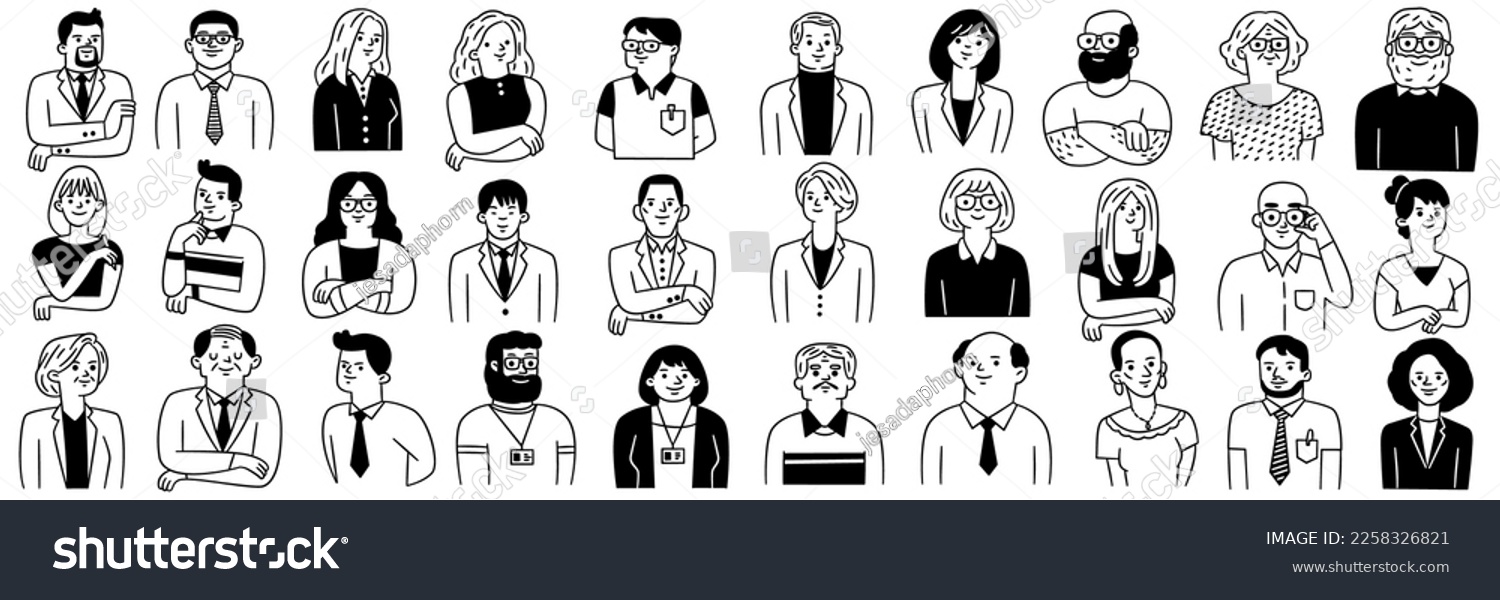 Cute outline character vetor illustration of many different and ethnicity business people, young and old, man and woman. Outline, linear, thin line art, hand drawn sketch, doodle style. #2258326821